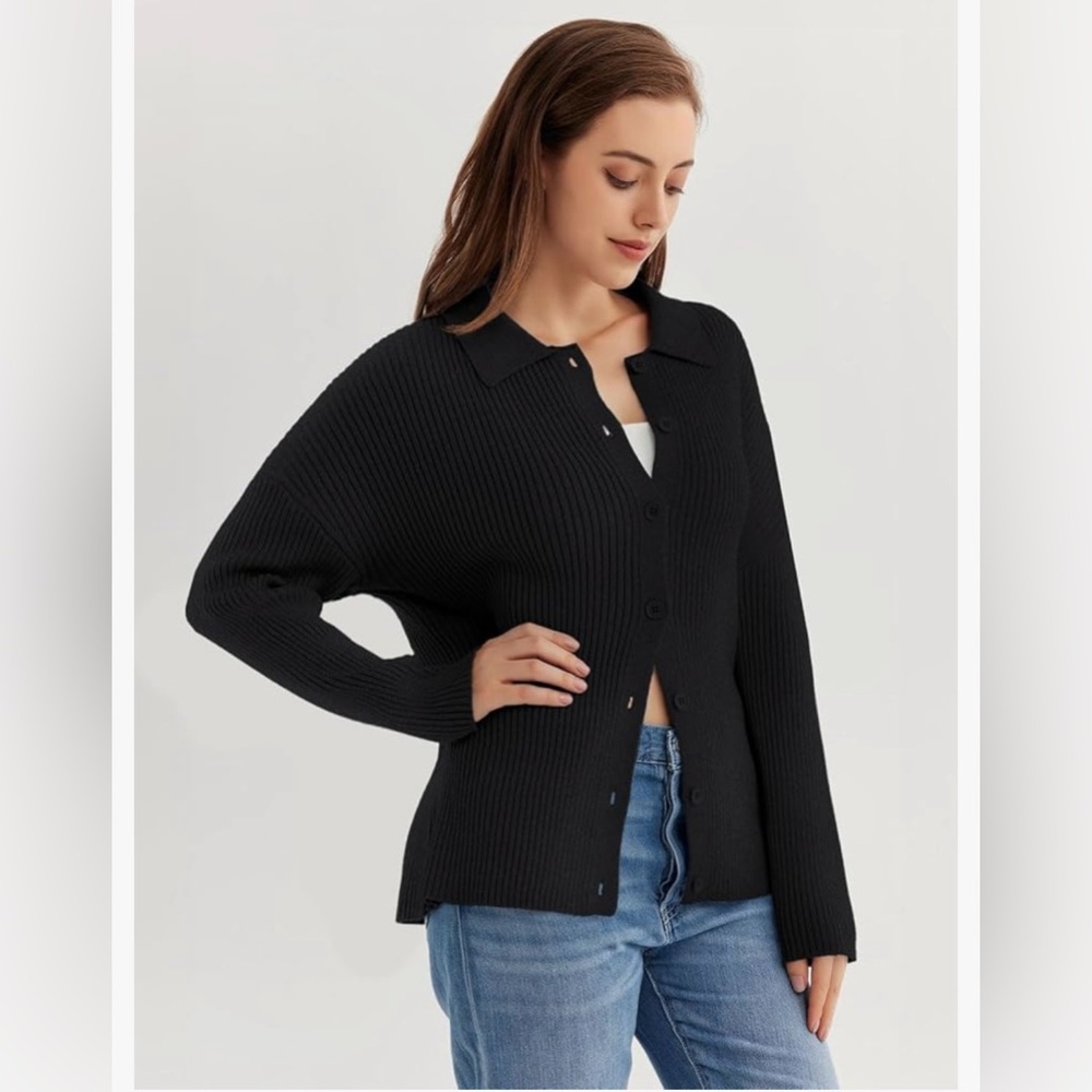 Button Up Long Sleeve Black Knit Sweater Size M